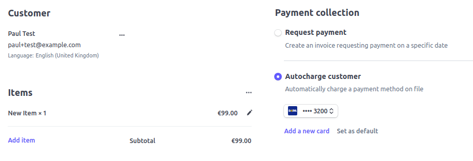 Automatically charging an invoice to a saved payment method