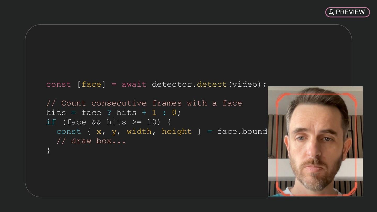 Face detection code alongside a frowning face in a detection box