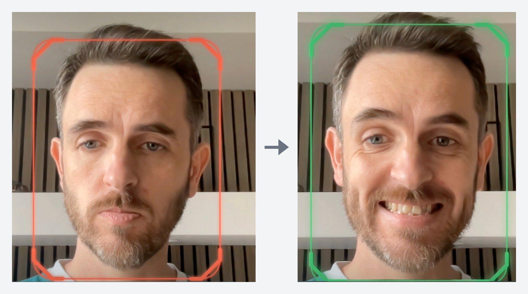 Two webcam frames of the same face: a neutral expression with a red outline, then a broad smile with a green outline