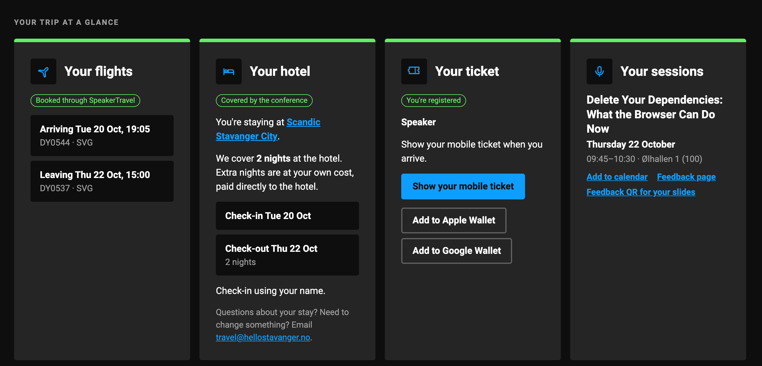 The Speakerator's trip overview, showing flights, hotel, ticket and session details