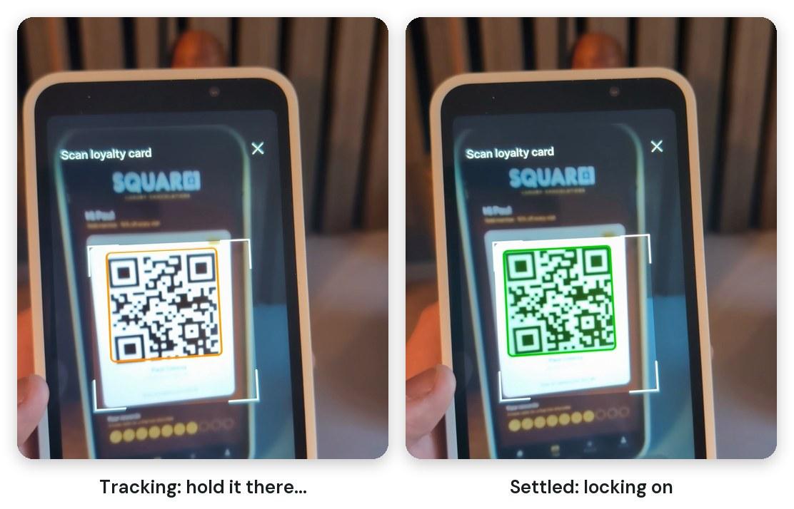 Two photos of an S700 scanning a QR code on a phone: on the left an amber box around the code while tracking, on the right a green box as it settles and locks on