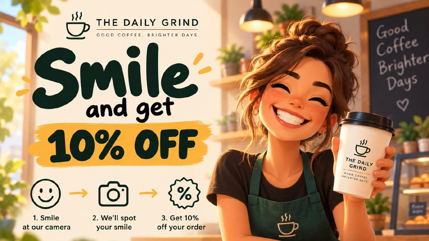 Coffee shop promotion slide: Smile and get 10% off