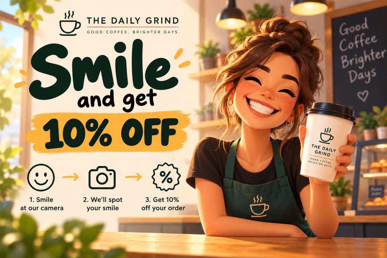 Coffee shop poster: Smile and get 10% off. Smile at our camera, we'll spot your smile, get 10% off your order