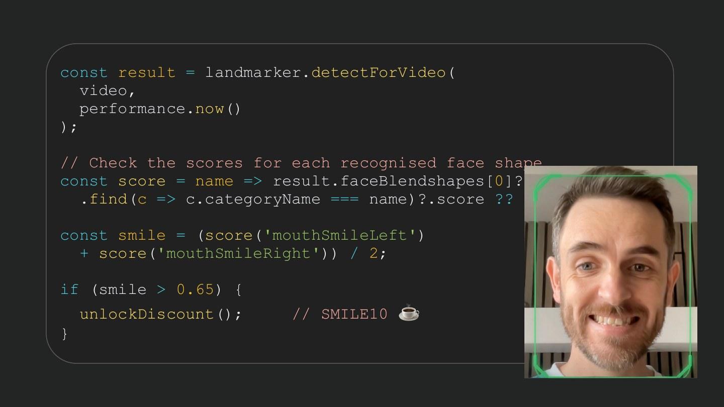 Smile detection code alongside a smiling face, unlocking the SMILE10 discount