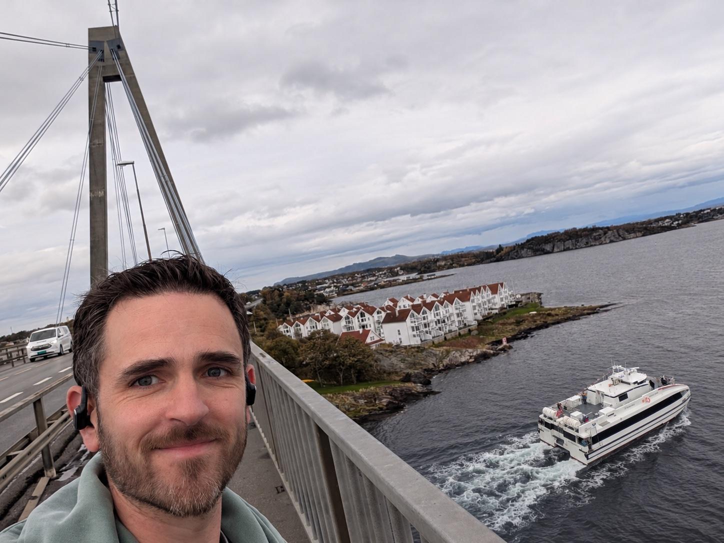 Selfie on the Stavanger City Bridge with a ferry passing below