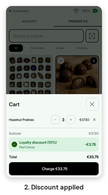 The cart with a 10% loyalty discount of minus €3.75 and a Charge €33.75 button