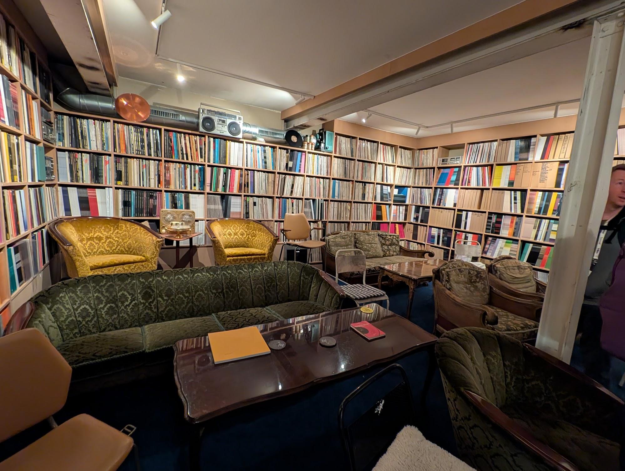 The listening room, lined with shelves of records